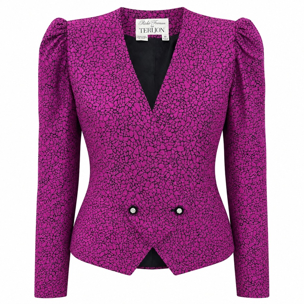 VTG RICKIE FREEMAN for TERI JON Womens Sz 10 Pink Black 100% Silk Jacket Blazer
